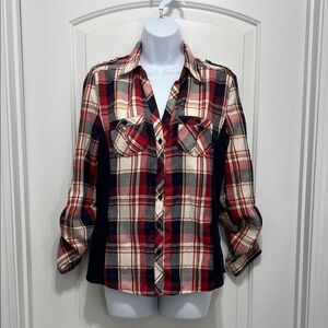 New Look Red Black Cream Plaid Button-Down Shirt